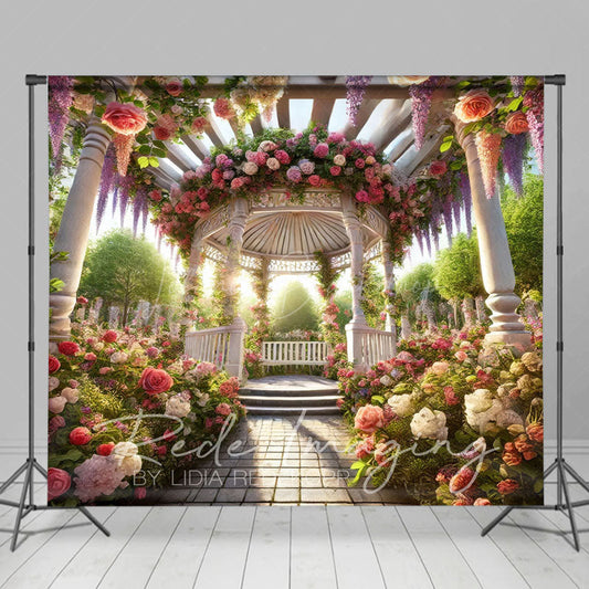 Lofaris Romantic Spring Floral Gazeb Wedding Photo Backdrop