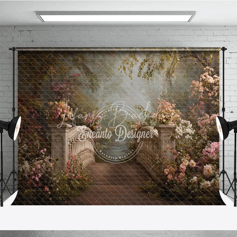 Lofaris Romantic Stone Bridge and Pink Flowers Photography Backdrop Enchanted Garden Forest Path Scene