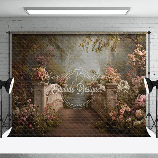 Lofaris Romantic Stone Bridge and Pink Flowers Photography Backdrop Enchanted Garden Forest Path Scene