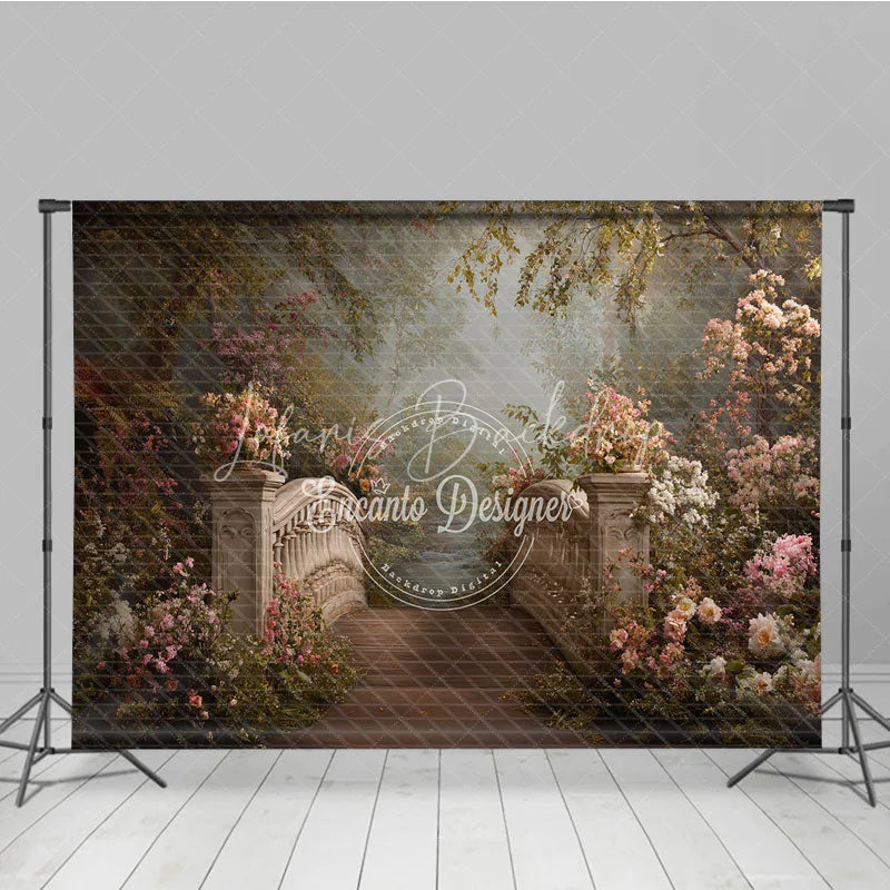 Lofaris Romantic Stone Bridge and Pink Flowers Photography Backdrop Enchanted Garden Forest Path Scene