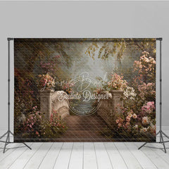 Lofaris Romantic Stone Bridge and Pink Flowers Photography Backdrop Enchanted Garden Forest Path Scene