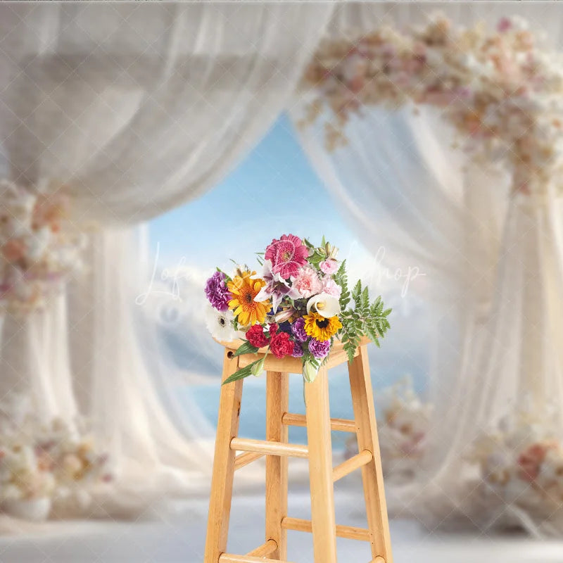 Lofaris Romantic Wedding Arch Backdrop Window View with Ocean Sky Sheer Curtains and Floral Decor for Bridal Shower