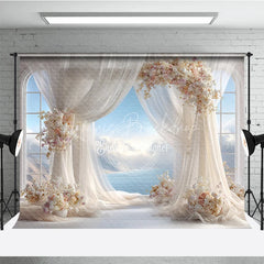 Lofaris Romantic Wedding Arch Backdrop Window View with Ocean Sky Sheer Curtains and Floral Decor for Bridal Shower