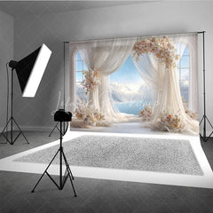 Lofaris Romantic Wedding Arch Backdrop Window View with Ocean Sky Sheer Curtains and Floral Decor for Bridal Shower