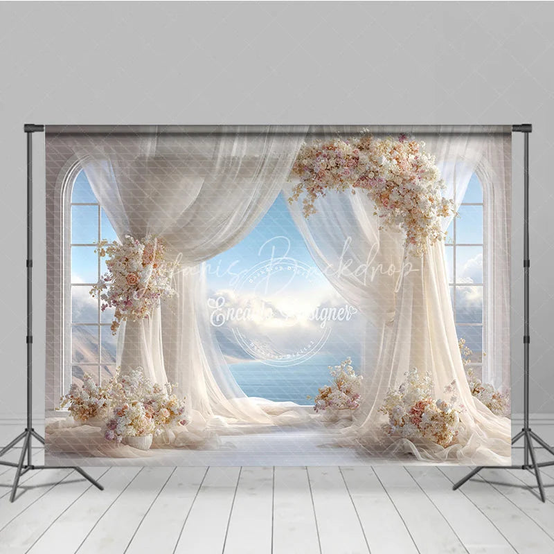 Lofaris Romantic Wedding Arch Backdrop Window View with Ocean Sky Sheer Curtains and Floral Decor for Bridal Shower