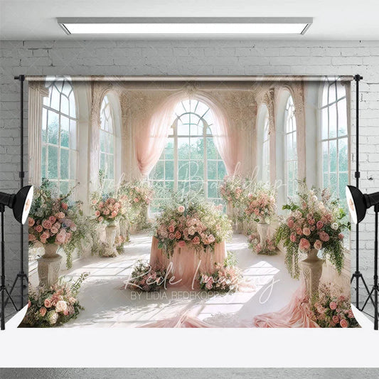 Lofaris Romantic White Castle Wedding Backdrop Pink Curtains and Floral Table Centerpiece Photography Background for Party