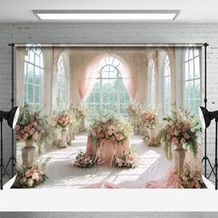 Lofaris Romantic White Castle Wedding Backdrop Pink Curtains and Floral Table Centerpiece Photography Background for Party