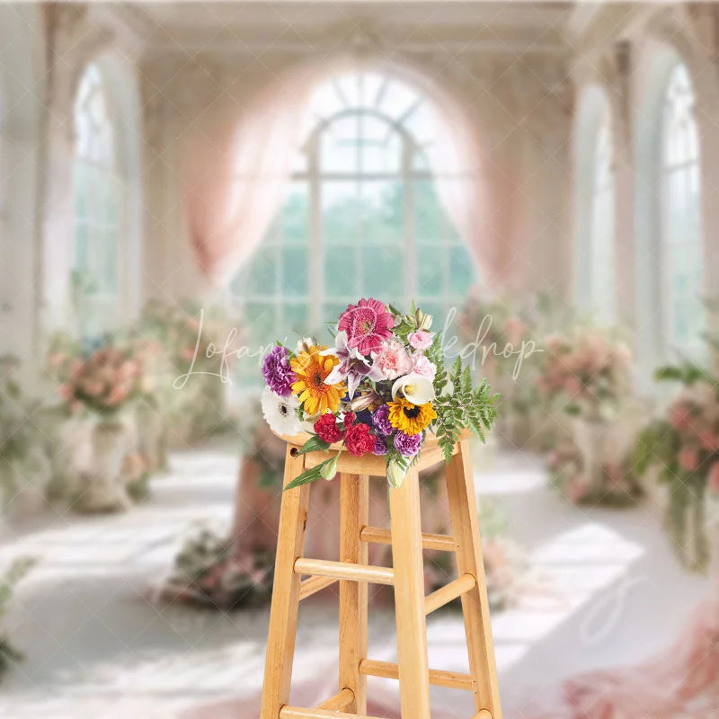 Lofaris Romantic White Castle Wedding Backdrop Pink Curtains and Floral Table Centerpiece Photography Background for Party