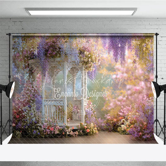 Lofaris Romantic White Gazebo Photography Backdrop Enchanted Garden with Wisteria and Roses Spring Floral Party Decor