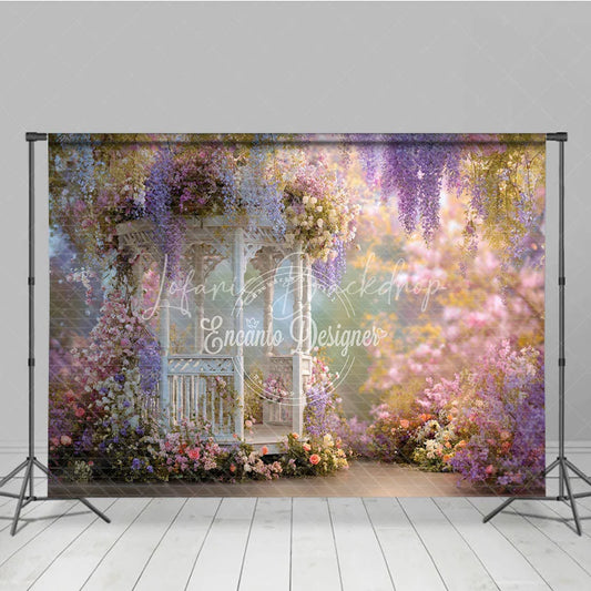 Lofaris Romantic White Gazebo Photography Backdrop Enchanted Garden with Wisteria and Roses Spring Floral Party Decor