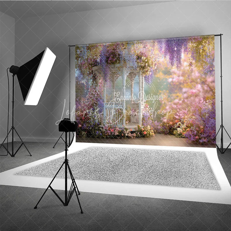 Lofaris Romantic White Gazebo Photography Backdrop Enchanted Garden with Wisteria and Roses Spring Floral Party Decor