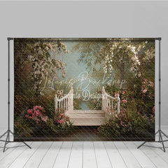 Lofaris Romantic White Wooden Bridge with Pink Flowers Photography Backdrop Enchanted Garden Forest Path for Portraits