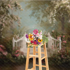 Lofaris Romantic White Wooden Bridge with Pink Flowers Photography Backdrop Enchanted Garden Forest Path for Portraits
