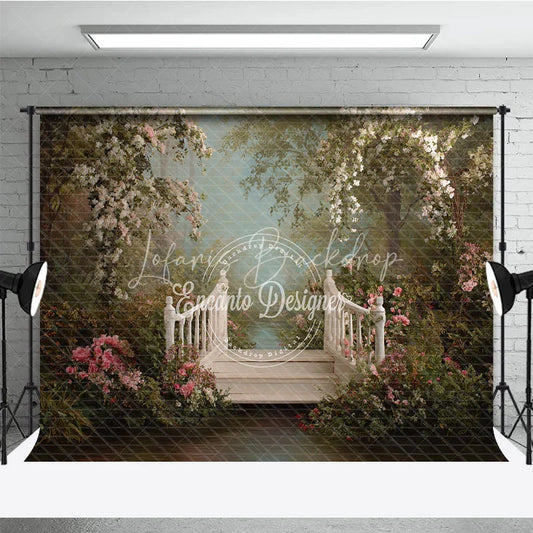 Lofaris Romantic White Wooden Bridge with Pink Flowers Photography Backdrop Enchanted Garden Forest Path for Portraits