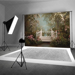 Lofaris Romantic White Wooden Bridge with Pink Flowers Photography Backdrop Enchanted Garden Forest Path for Portraits