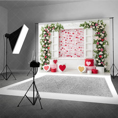 Lofaris Romantic Window Valentine Day Backdrop Hanging Hearts Floral Arch White Wall Background Wedding Photography Studio Prop