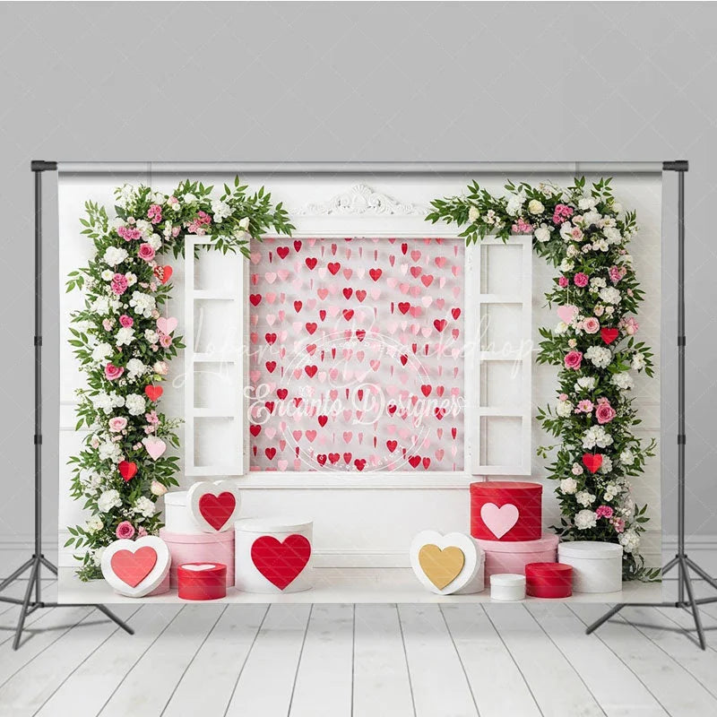 Lofaris Romantic Window Valentine Day Backdrop Hanging Hearts Floral Arch White Wall Background Wedding Photography Studio Prop