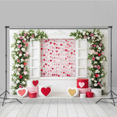 Lofaris Romantic Window Valentine Day Backdrop Hanging Hearts Floral Arch White Wall Background Wedding Photography Studio Prop