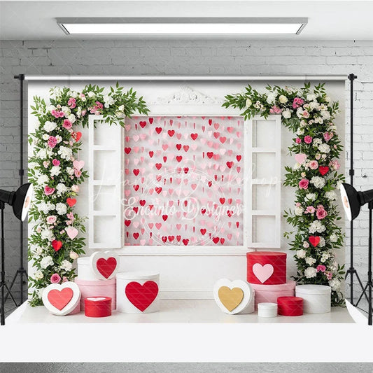 Lofaris Romantic Window Valentine Day Backdrop Hanging Hearts Floral Arch White Wall Background Wedding Photography Studio Prop