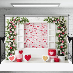 Lofaris Romantic Window Valentine Day Backdrop Hanging Hearts Floral Arch White Wall Background Wedding Photography Studio Prop
