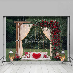 Lofaris Romantic Wooden Arch Photography Backdrop with Red Roses and Greenery Sheer Drapes String Lights for Outdoor Events