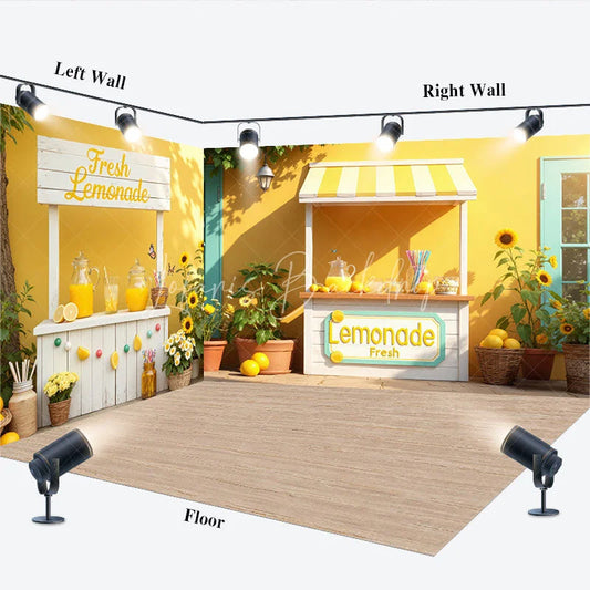 Lofaris Room Set Backdrop Summer Fresh Lemonade Stand with Sunflowers and Bright Yellow Outdoor Party Decor