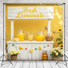 Lofaris Room Set Backdrop Summer Fresh Lemonade Stand with Sunflowers and Bright Yellow Outdoor Party Decor
