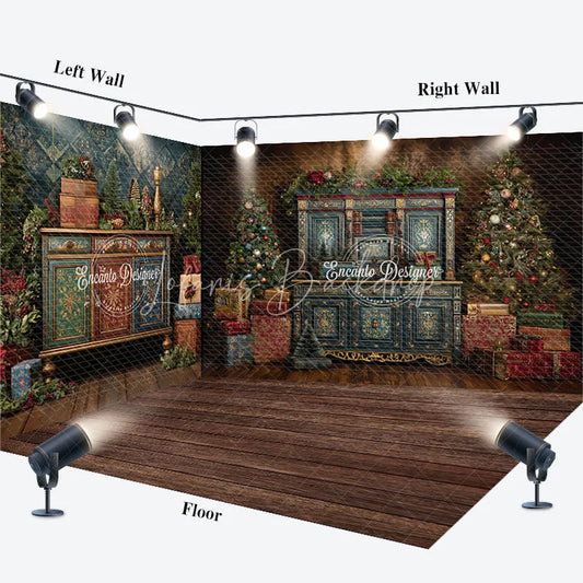 Lofaris Room Set Backdrop Vintage Blue Cabinet Christmas Tree Interior Background Luxury Living Holiday Party Decoration