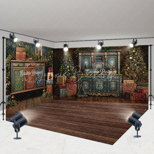 Lofaris Room Set Backdrop Vintage Blue Cabinet Christmas Tree Interior Background Luxury Living Holiday Party Decoration