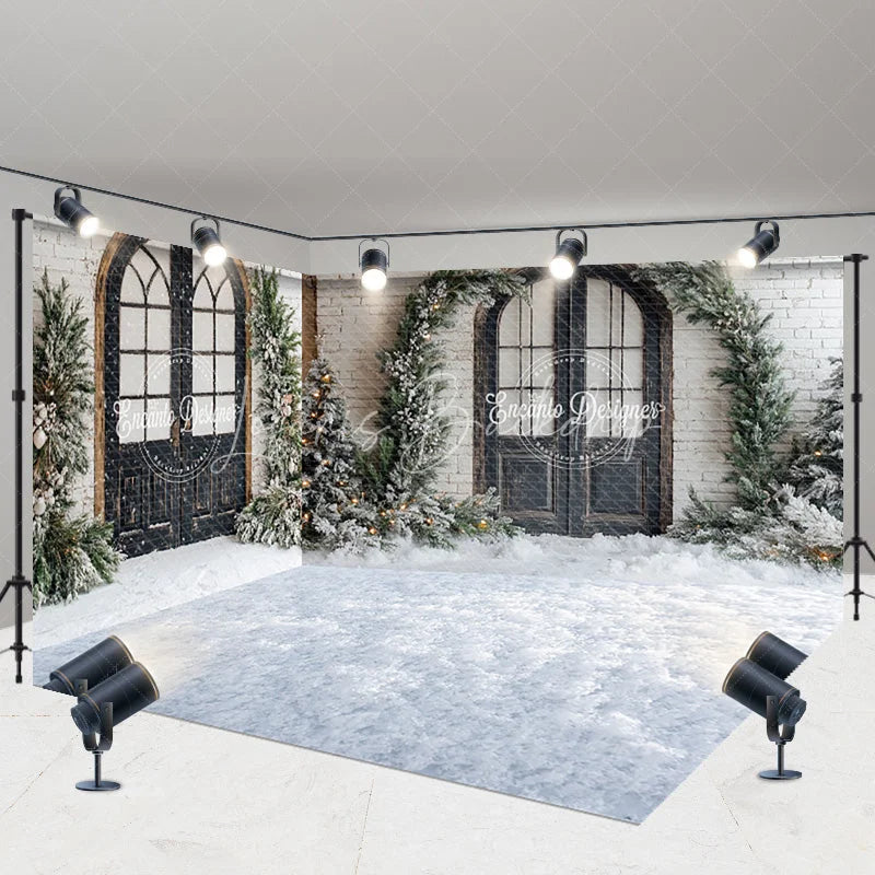 Lofaris Room Set Backdrop White Brick Wall Arched Window Snowy Pine Background Winter Courtyard Holiday Party Decoration
