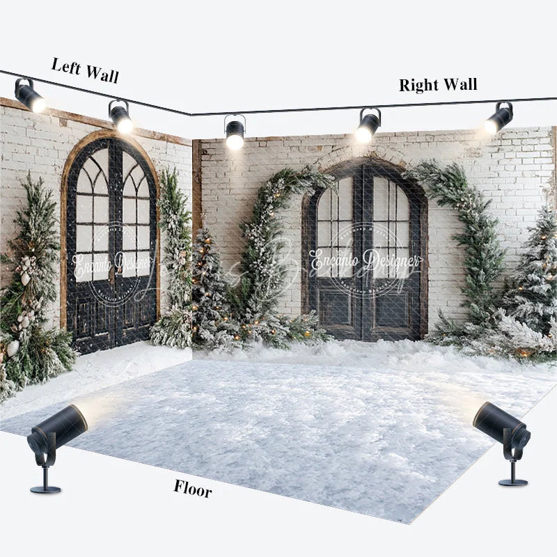 Lofaris Room Set Backdrop White Brick Wall Arched Window Snowy Pine Background Winter Courtyard Holiday Party Decoration