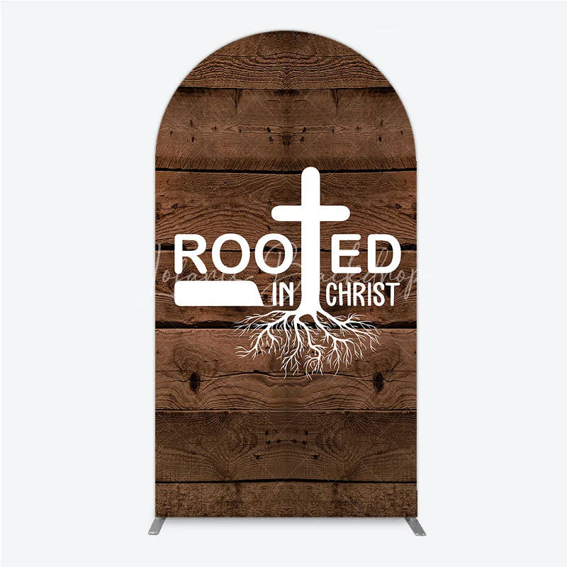 Lofaris Rooted In Christ Religious Holiday Arch Backdrop Dark Wood Texture Cross Party Cover