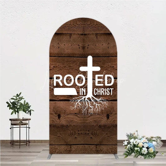 Lofaris Rooted In Christ Religious Holiday Arch Backdrop Dark Wood Texture Cross Party Cover