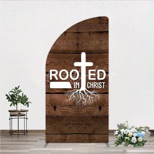 Lofaris Rooted In Christ Religious Holiday Half Moon Arch Backdrop Dark Wood Texture Cross Party Cover
