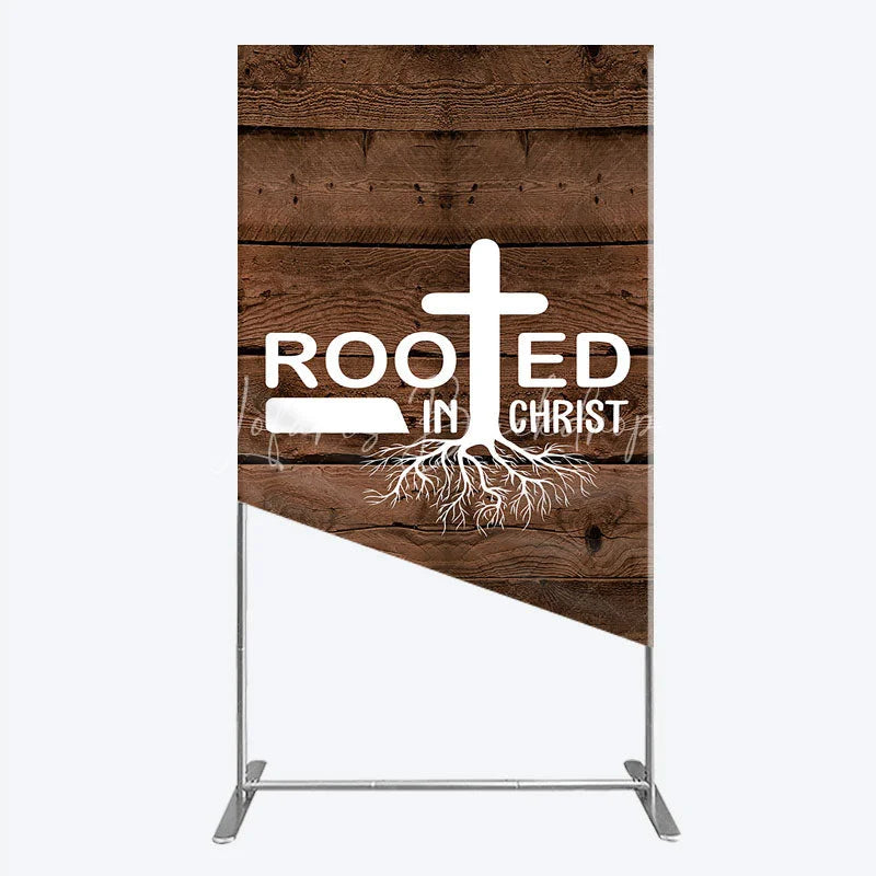 Lofaris Rooted In Christ Religious Holiday Rectangle Backdrop Dark Wood Texture Cross Party Cover