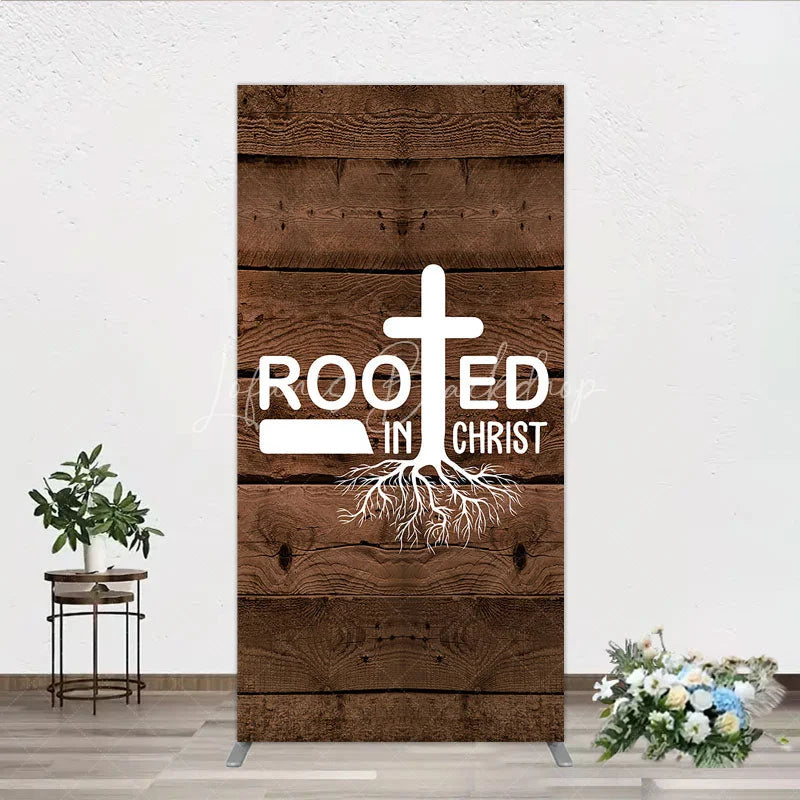Lofaris Rooted In Christ Religious Holiday Rectangle Backdrop Dark Wood Texture Cross Party Cover
