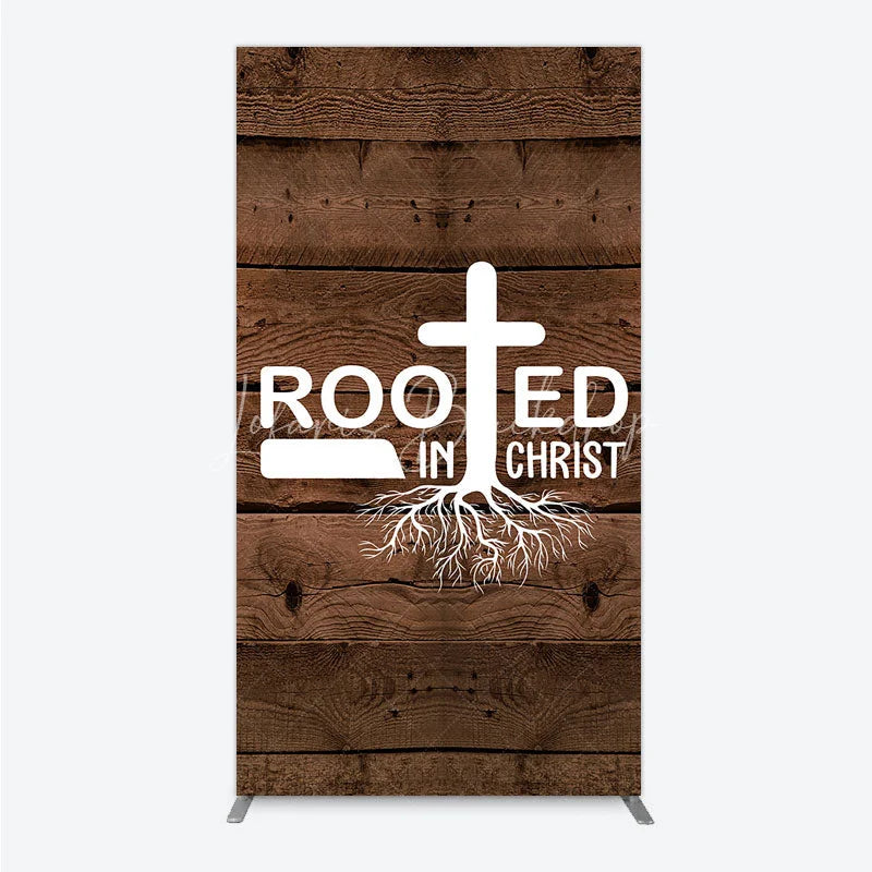 Lofaris Rooted In Christ Religious Holiday Rectangle Backdrop Dark Wood Texture Cross Party Cover