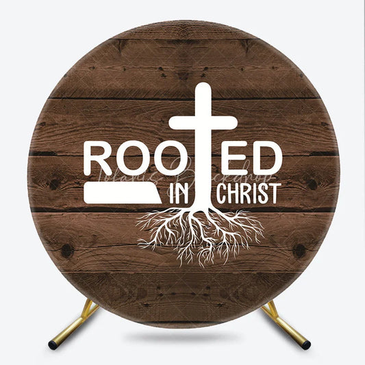 Lofaris Rooted in Christ Round Backdrop Religious Cross with Roots on Rustic Wood Background Christian Celebration Party Decor