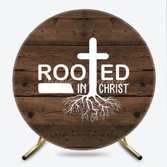 Lofaris Rooted in Christ Round Backdrop Religious Cross with Roots on Rustic Wood Background Christian Celebration Party Decor