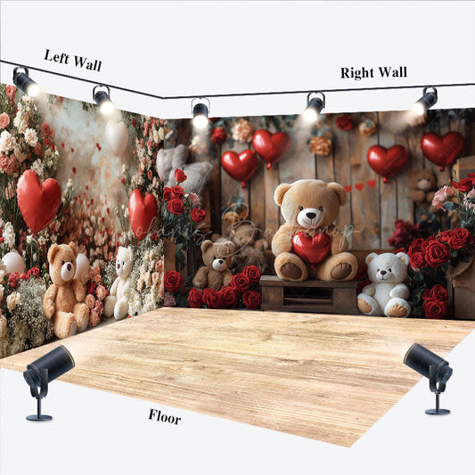 Lofaris Rose Bear Romantic Valentines Day Room Set Backdrop