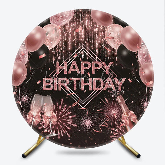 Lofaris Rose Gold Champagne Round Backdrop Happy Birthday Fireworks and Balloons Background Glitter Glamour Party Decor
