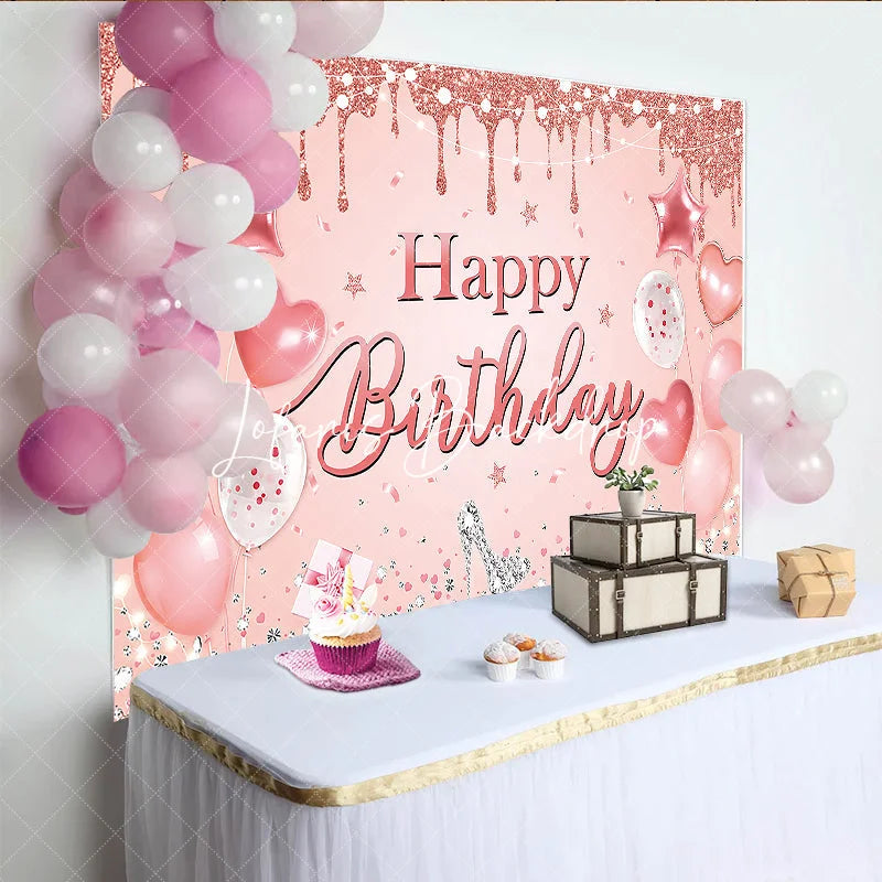 Lofaris Rose Gold Glitter Drip Happy Birthday Backdrop with Pink Balloons and Diamond High Heel Elegant Party Decor