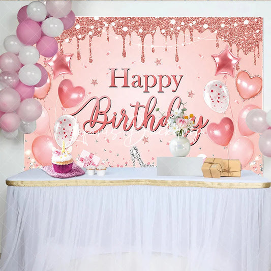 Lofaris Rose Gold Glitter Drip Happy Birthday Backdrop with Pink Balloons and Diamond High Heel Elegant Party Decor