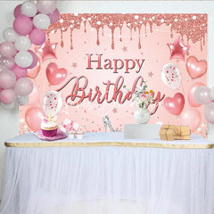 Lofaris Rose Gold Glitter Drip Happy Birthday Backdrop with Pink Balloons and Diamond High Heel Elegant Party Decor