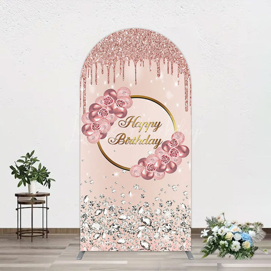 Lofaris Rose Gold Glitter Floral Happy Birthday Arch Backdrop