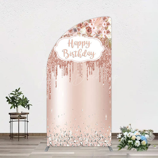 Lofaris Rose Gold Glitter Flowers Birthday Half Moon Arch Backdrop
