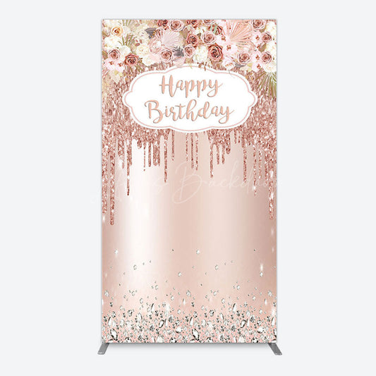 Lofaris Rose Gold Glitter Flowers Birthday Rectangle Backdrop