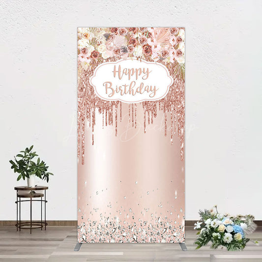 Lofaris Rose Gold Glitter Flowers Birthday Rectangle Backdrop