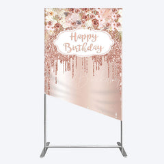 Lofaris Rose Gold Glitter Flowers Birthday Rectangle Backdrop