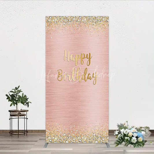 Lofaris Rose Gold Happy Birthday Rectangle Arch Backdrop with Glitter and Diamond Accents Elegant Party Decor